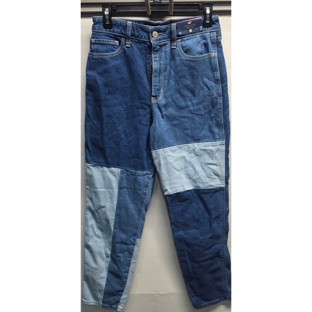 Hollister Ultra High-Rise Mom Jeans Patchwork Blue Vintage Stretch 3R W26 L27